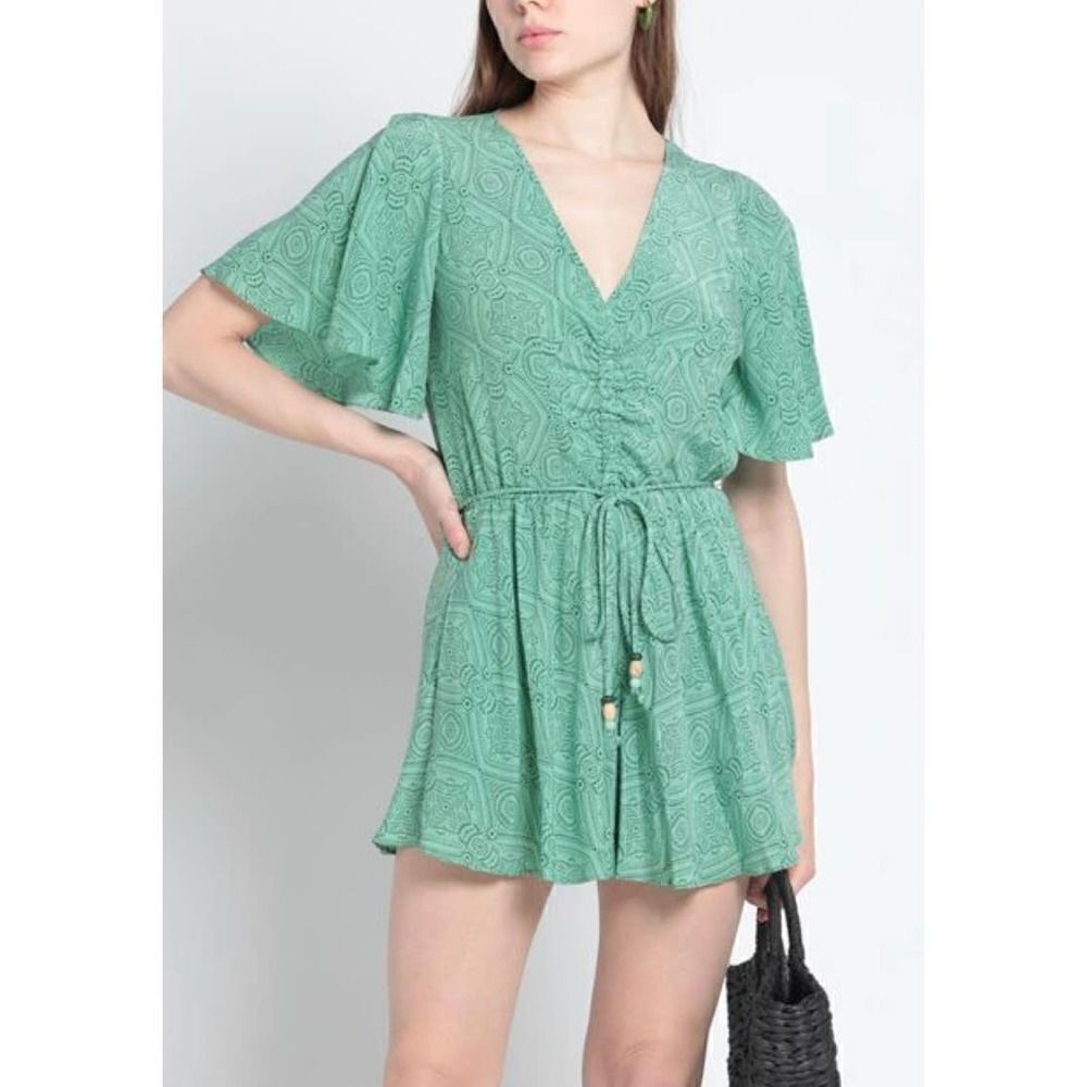 MAJE Imaro Paisley-print Crepe Playsuit In Ethnic Green Sz. XS/S